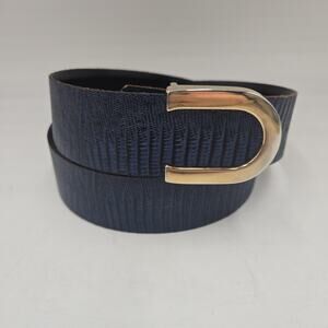 Vintage 90s CIPRIANI Chic Lizard Grain Leather Belt Navy Blue Gold Buckle Size M